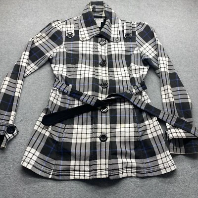 Gabardina de longitud media de un solo pecho con cinturón negro blanco a cuadros poli algodón Foto 1 de 4