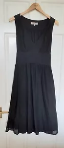 Kew Black Silk Cotton Dress UK12 V-Neck Sleeveless Full Skirt Lined Tie Back VGC - Picture 1 of 12