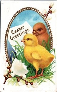 1910s Easter Postcard Chicks Broken Egg Gold Embossed Greeting Card Spring - Picture 1 of 2