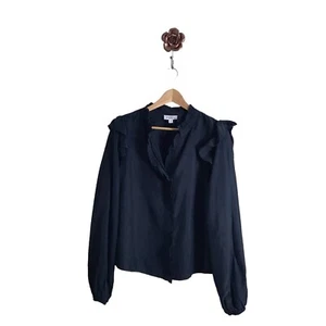 Evereve Medium Navy Thea Washed Satin Ruffle Button Down Shirt Women - Bild 1 von 9