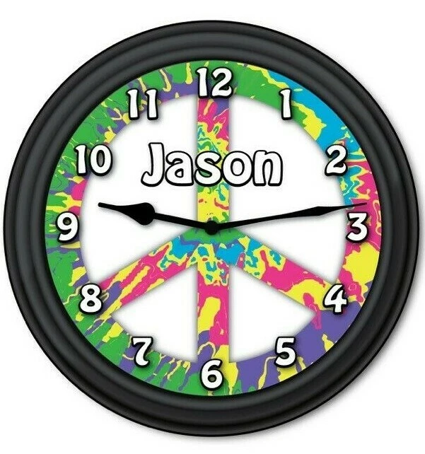Personalized Peace Sign Tie Dye WALL CLOCK -  Teen Hippie Bedroom Decor GIFT - Image 1 of 1