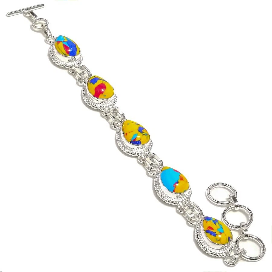 Mosaic Jasper Gemstone Handmade 925 Sterling Silver Jewelry Bracelet Sz 7-8" - Image 1 of 1