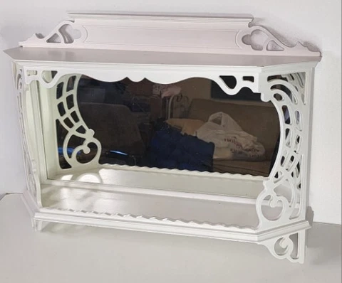 Vintage White Scrolled Wood Shelf Cupboard Wall Hanging Cabinet Curio Mirrored Cover