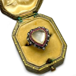 JUGENDSTIL MONDSTEIN DIAMANT RUBIN GOLD SILBER HERZ RING UM 1890-1900 ANTIK - Bild 1 von 12
