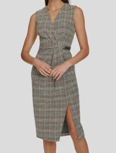 Calvin Klein Womens Beige Tweed Surplice MIDI Dress Size: 8 - Picture 1 of 4