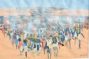 SOUTH AFRICAN TRIBAL ACRYLIC PAPER SOLOMON SEKHAOLELO PAINTING VILLAGE FIGURES - Picture 1 of 12