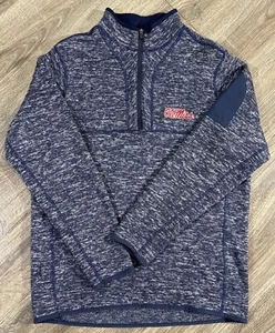 OLE MISS Rebels Sweater mens Large 1/4 Zip Pullover Heathered Navy logo Jacket - Picture 1 of 12