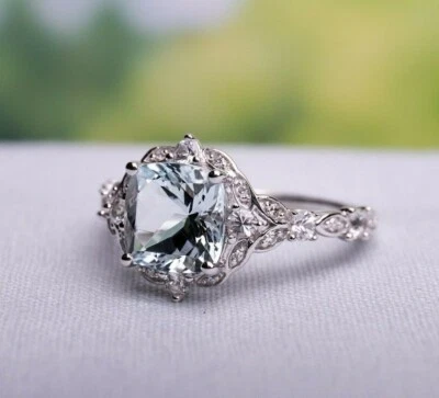 2.50Ct Cushion Cut Aquamarine Simulated Engagement Ring 14k White Gold Plated - Image 1 of 4