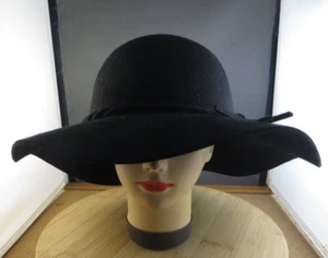 Vintage Target 100% Wool Black Hat Wide Brim Thin Band Bow One Size #21 - Picture 1 of 13