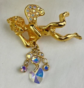 Vintage KIRKS FOLLY Gold Tone Cherub Cupid Pin Brooch Crystal AB Heart Dangles - Picture 1 of 8