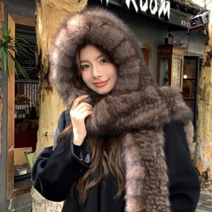 Sombrero de piel de zorro real para mujer + bufanda chal invierno cálido capa envoltura exterior orejeras gorra - Imagen 1 de 4
