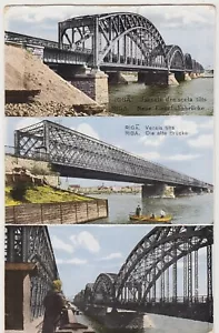 LATVIA Riga PUENTE DE HIERRO PUENTE Hierro Antiguo Inclinable COLLAGE Vintage Color PC 1920s - Imagen 1 de 2