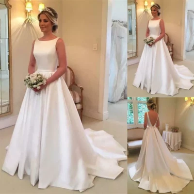 Elegant Satin A-Line Wedding Dress Sleeveless Backless Sweep Train Bridal Gowns - Image 1 of 4