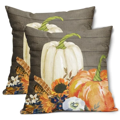 Fundas de almohada de otoño de calabaza blanca naranja 16X16 pulgadas hoja de girasol madera decoración... Foto 1 de 4