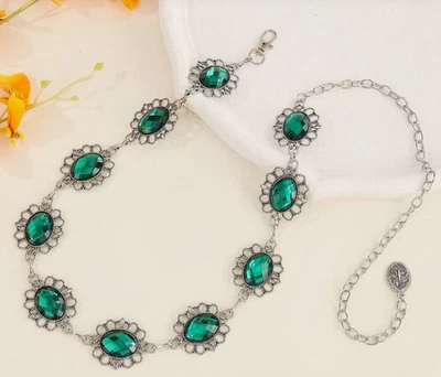 CINTURÓN CADENA GEMA- Elegante Cadena Cintura Estilo Vintage Verde Patrón Floral Foto 1 de 4