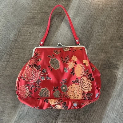Vintage Asian Purse Red Satin Floral Embroidered With Kiss Lock - Image 1 of 4