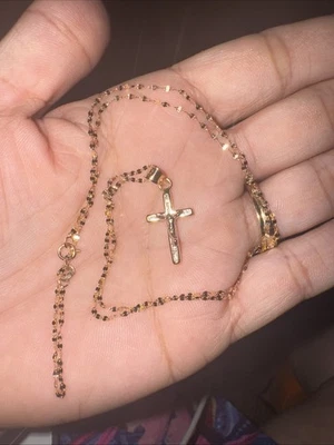 10kt Solid Italian Gold Mirror Link Chain With 10kt Gold Dainty Crucifix - Image 1 of 2