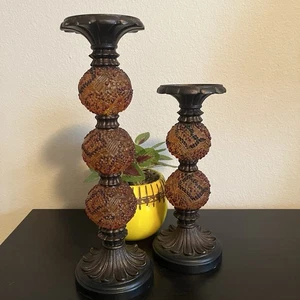 Glass Orb Pillar Candlesticks Beaded Textured Dark Academia Hollywood Regency - Picture 1 of 9