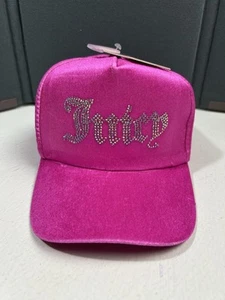 NEW ! JUICY COUTURE Kids Velour Rhinestone Bling Logo Hat Hot Pink Velvet Fabric - Picture 1 of 7