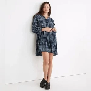 Madewell L Ruffle Trimmed Midi Dress Womens Peasant Blue Plaid Gauze Boho - Picture 1 of 10