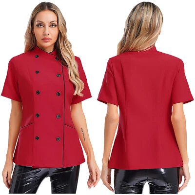 Women Coat Collar Jacket Hotel Tops Bakery Short Sleeve Canteen Cross-Over Chef - Image 1 of 4