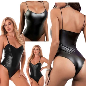 Damen Wetlook Lackleder Body Unterwäsche Einteilige Hosenträger Catsuit Clubwear - Picture 1 of 17
