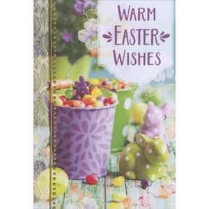 Warm Wishes Jelly Beans Purple Bucket Bunnies on Wood Table 8 Easter Cards - Picture 1 of 2