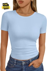 Womens Short Sleeve Shirts Crewneck Ribbed Knit Slim Fitted T-Shirt Summer Basic - Picture 1 of 5