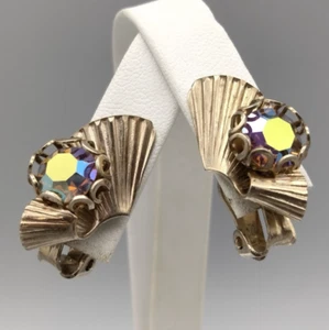 Abstrakte Modernist Aurora Borealis AB Strass Ohrringe goldfarben Clip On Vintage - Bild 1 von 6