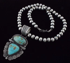 Sterling Silver Bead Necklace With Natural Birdseye Kingman Turquoise Pendant - Picture 1 of 4