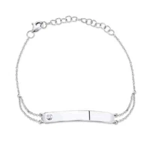 Diamond ID Bar Bracelet 14K White Gold Round Cut Adjustable Engravable .02CT - Picture 1 of 2