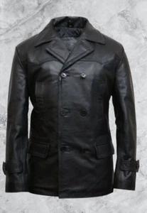 Men's Black Genuine Leather Jacket - Real Leather 3/4 Double Breasted Pea Coat - Picture 1 of 3