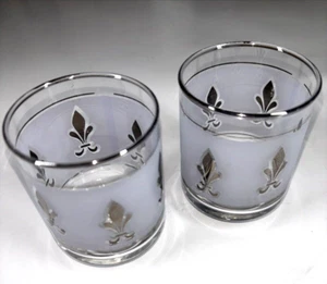 Libbey Glass Set 2 Frosted Fleur De Lis 3" Juice Rocks Short Glasses - Picture 1 of 11