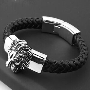 Mens Stainless Steel Lion Head Bracelet Black Braided Genuine Leather Wristband