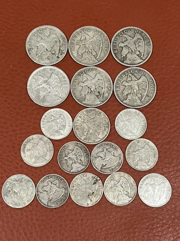 Lot of 18 Chile Silver Coins Peso 20 Veinte Centavos Cover
