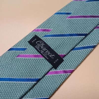 Corbata de seda Charvet verde salvia azul y violeta rayas ropa formal de lujo Francia Foto 1 de 4