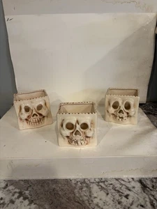 Vntg 2001 Skeleton Skull Halloween Ceramic Tea light Candle Holder Set Of 3 RARE - Picture 1 of 24