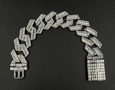 "Brazalete de eslabones cubanos baguette helada VVS1 moissanita plateada 9"" x 23 mm" Foto 1 de 4