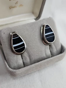Vintage Tuxedo Agate Teardrop Earrings 950 Sterling Black Gemstone Screw-Back - Picture 1 of 13