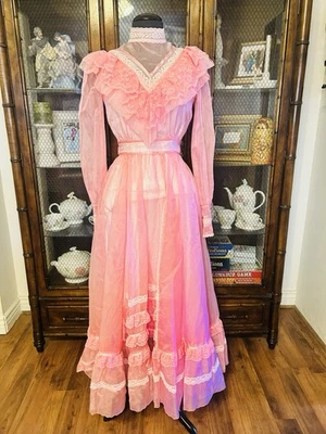 1970s Vintage Victorian Style Dress Pink Ruffle Womans Size 4 Party Dress - Image 1 of 4