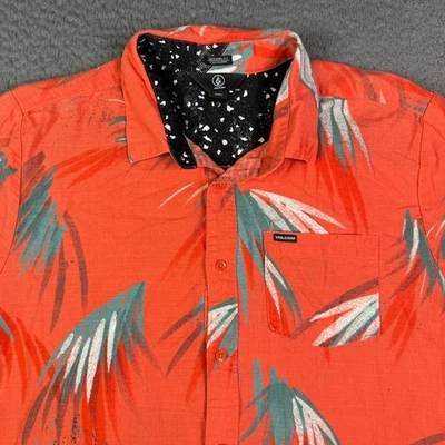 Volcom Shirt Mens Large Red Floral Palm Leaves Hawaiian Bamboo Viscose Button Up - Image 1 of 4