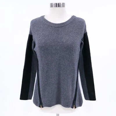 MILLY Suéter Pullover Lana Mujer P XS Cuero Mangas Gris Grueso Tejido Cremallera Foto 1 de 4