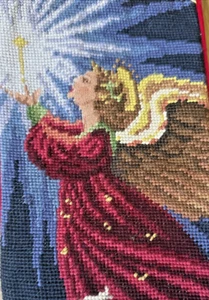Christmas Needlepoint Stocking Angel Holding Candle & White Dove Wool - Picture 1 of 4