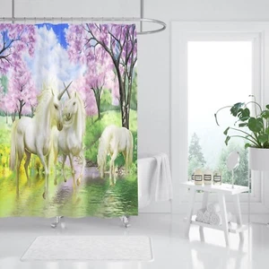 Rideau de douche 3D licorne rivière 78 étanche fibre salle de bain maison fenêtres toilettes - Photo 1/3