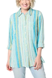 Denim & Co. Naturals Linen Blend Button-Front Tunic Deep Lagoon Stripe - Picture 1 of 1