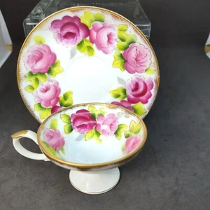 Vintage Riviera Porcelain Cup & Saucer Pink Roses with Gold Made in Japan  - Picture 1 of 12