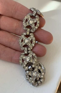 Bracciale Antico Vintage Arte Piastra Rodio Pasta Cristallo Strass Metallo Bianco - Foto 1 di 24
