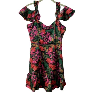 NSR Kleid Damen XS Multi Blumen Cold Shoulder Mini Rüschensaum Reißverschluss - Bild 1 von 5