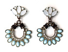 Aqua Blue & White Rhinestone Chandelier Earrings Brown Beads Dangle Drop
