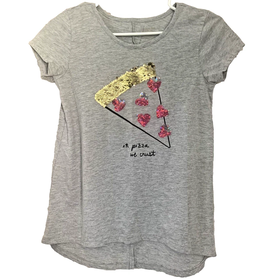 Arizona GIRL's Size L (16) S/S Knit Pullover SHIRT Top Pizza Pink & Gold Sequins - Image 1 of 4